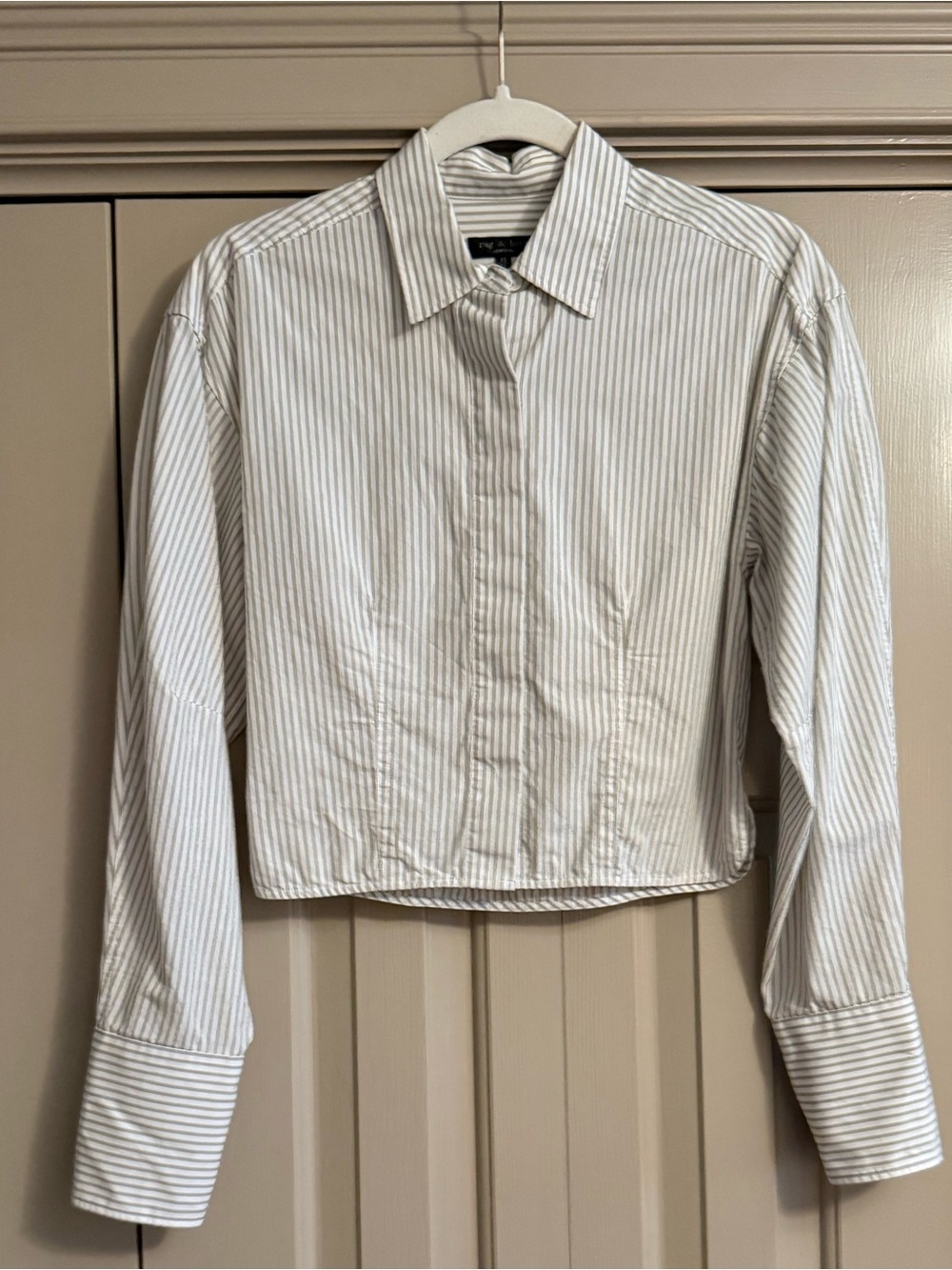 rag & bone White Cropped Pinstripe Button-Down Shirt